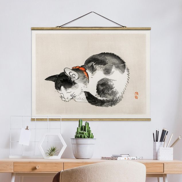 Fabric print with poster hangers - Asian Vintage Drawing Sleeping Cat