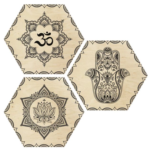 Wooden hexagon - Hamsa Hand Lotus OM Illustration Set Black And White