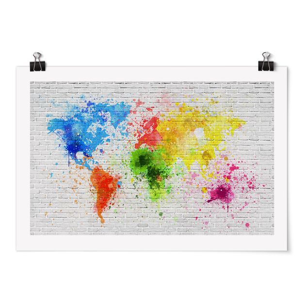 Poster - White Brick Wall World Map