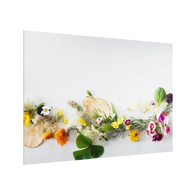 Glass splashback kitchen Fresh Herbs With Edible Flowers