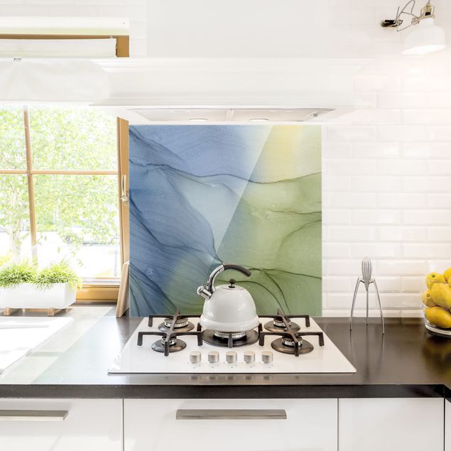 Glass splashback kitchen abstract Mottled Bluish Grey With Moss Green