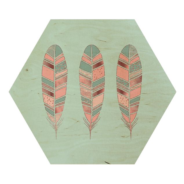 Hexagon Picture Wood - Three Feathers Copper Gold Points