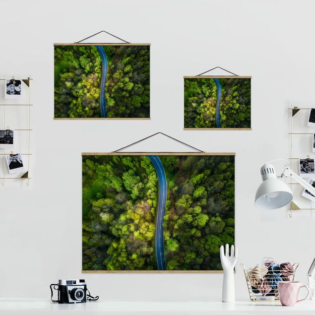 Fabric print with poster hangers - Aerial View - Asphalt Road In The Forest