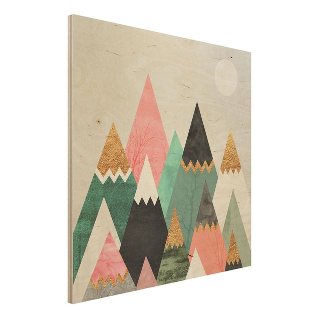 Print on wood - Triangular Mountains With Gold Tips