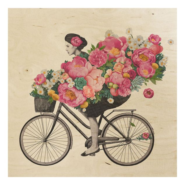 Print on wood - Illustration Woman On Bicycle Collage Colourful Flowers
