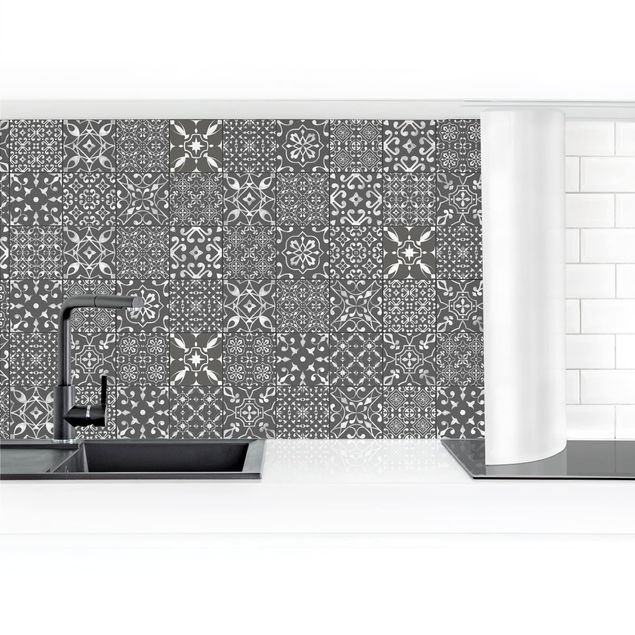 Kitchen wall cladding - Patterned Tiles Dark Gray White