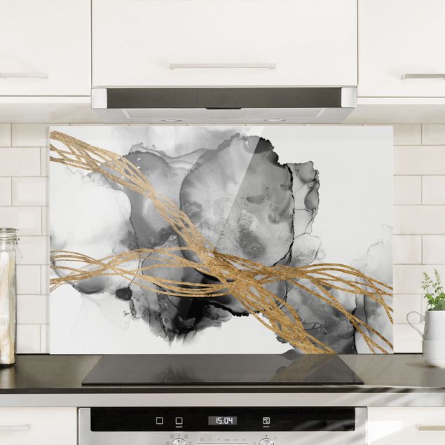 Glass splashback kitchen abstract Black Ink With Golden Lines