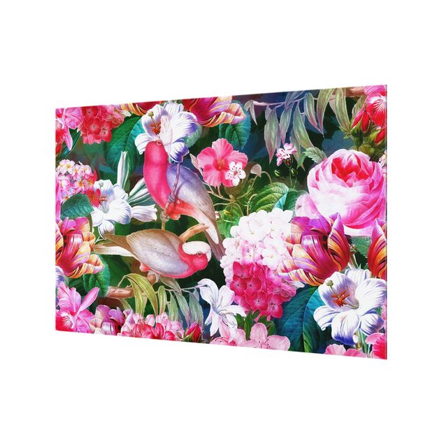 Glass splashback Colourful Tropical Flowers With Birds Pink