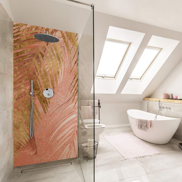 Shower wall cladding - Palm Fronds In Pink And Gold III
