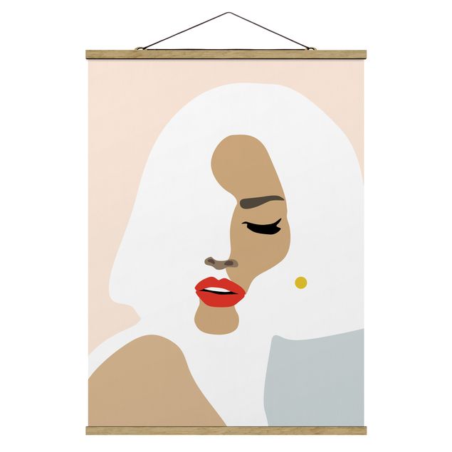 Fabric print with poster hangers - Line Art Portrait Woman Pastel Beige