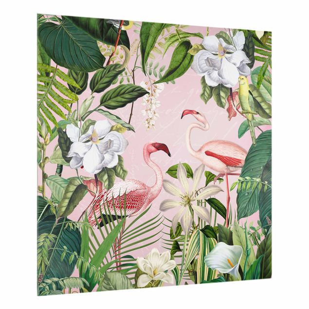 Glass splashback animals Tropical Flamingos With Plants In Pink