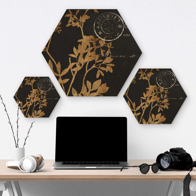 Wooden hexagon - Golden Leaves On Mocha I