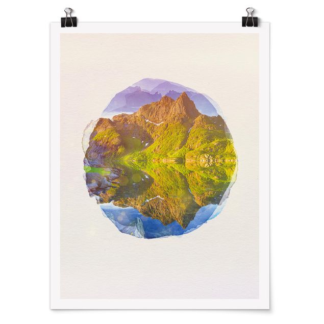 Poster - WaterColours - Mountain Landscape With Water Reflection In Norway