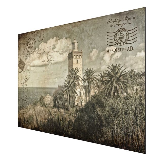 Print on aluminium - Vintage Postcard With Lighthouse And Palm Trees