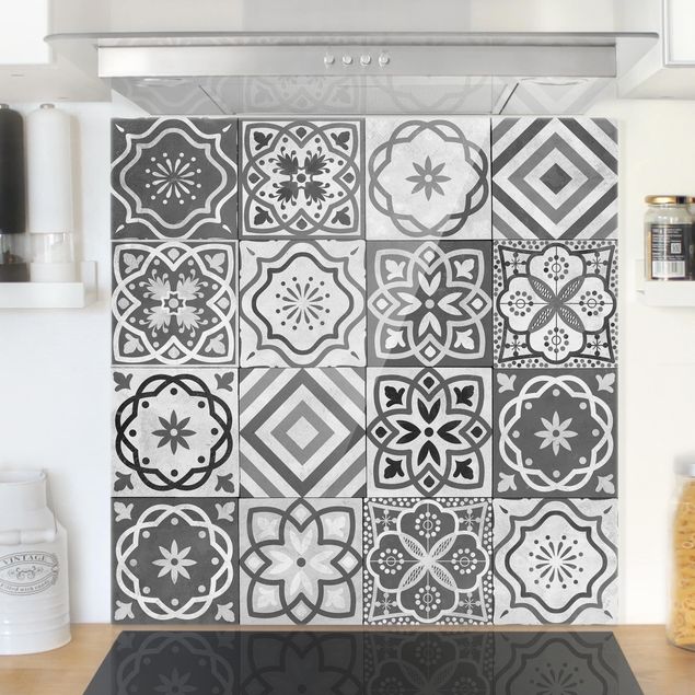 Glass splashback tiles Mediterranean Tile Pattern Grayscale