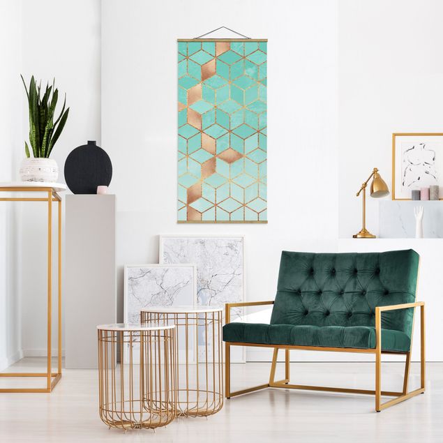 Fabric print with poster hangers - Turquoise White Golden Geometry