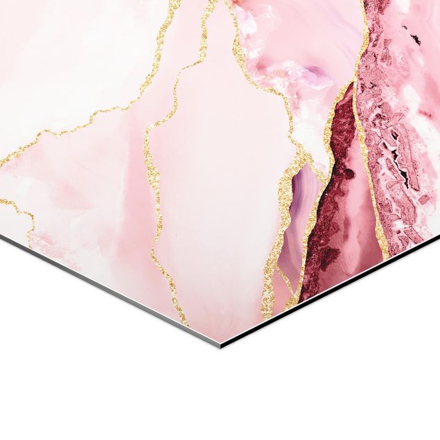 Alu-Dibond hexagon - Abstract Mountains Pink With Golden Lines