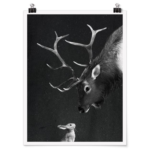 Poster - Illustration Deer And Rabbit Black And White Drawing