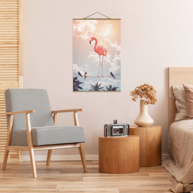Fabric print with poster hangers - Sky With Flamingo