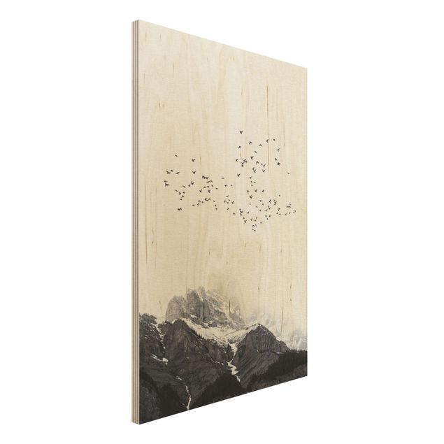 Print on wood - Flock Of Birds In Front Of Mountains Black And White