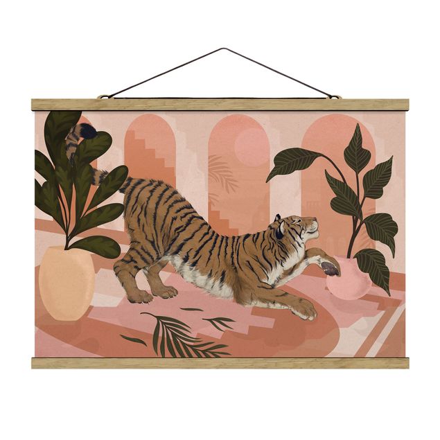 Fabric print with poster hangers - Illustration Tiger In Pastel Pink Painting