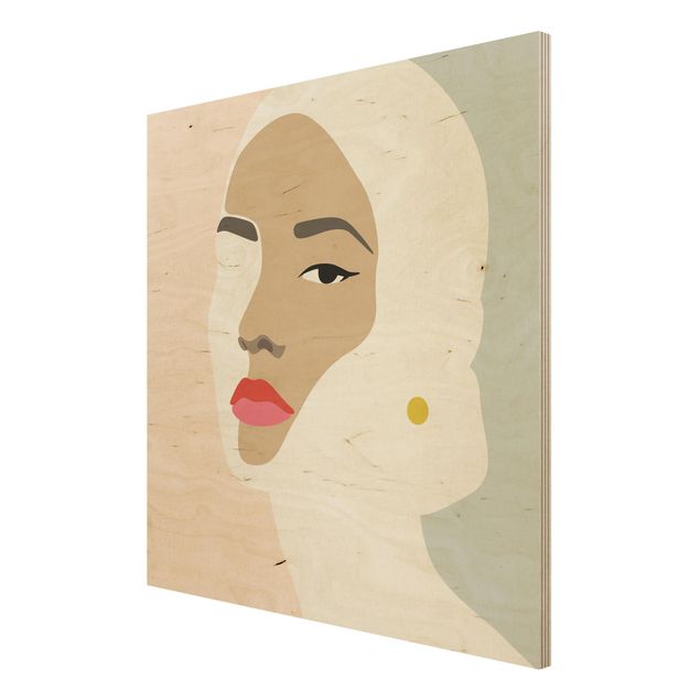 Print on wood - Line Art Portrait Woman Pastel Grey