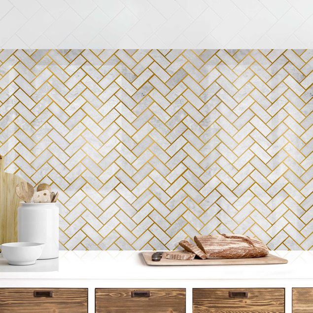 Kitchen splashback tiles Marble Fish Bone Tiles - Light Greyish Gold