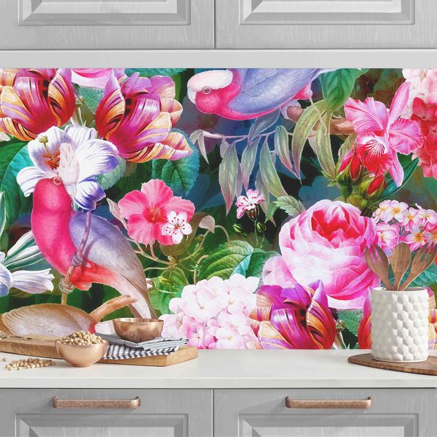 Kitchen splashback flower Colourful Tropical Flowers With Birds Pink