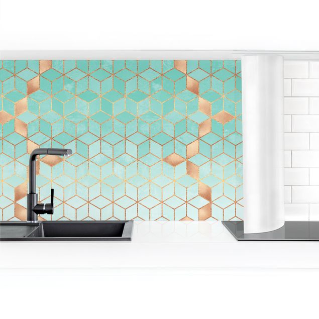 Kitchen wall cladding - Turquoise White Golden Geometry II