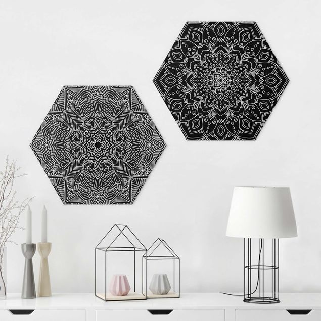 Alu-Dibond hexagon - Mandala Flower Star Pattern Black