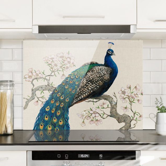 Glass splashback flower Vintage Peacock With Cherry Blossoms