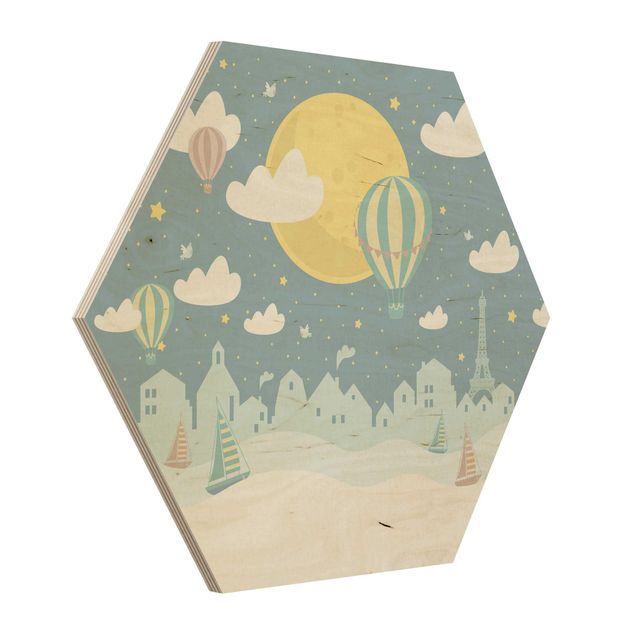 Wooden hexagon - Paris With Stars And Hot Air Balloon