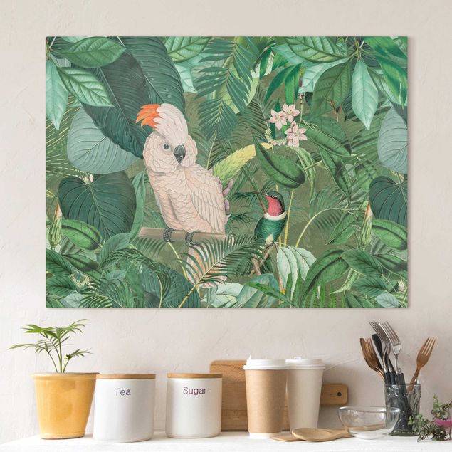 Print on canvas - Vintage Collage - Kakadu And Hummingbird