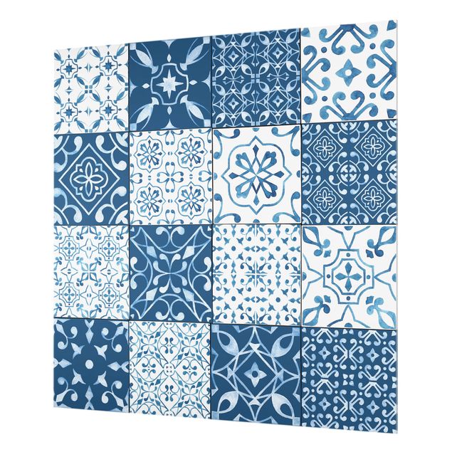 Glass Splashback - Tile Pattern Mix Blue White - Square 1:1