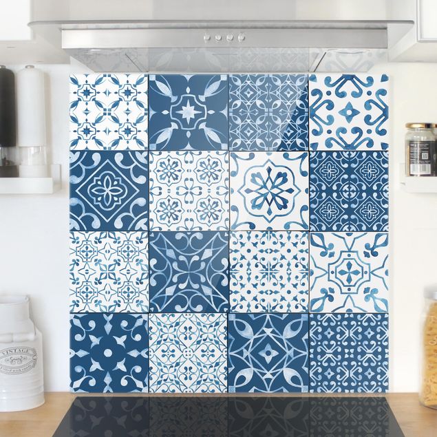 Glass splashback kitchen tiles Tile Pattern Mix Blue White