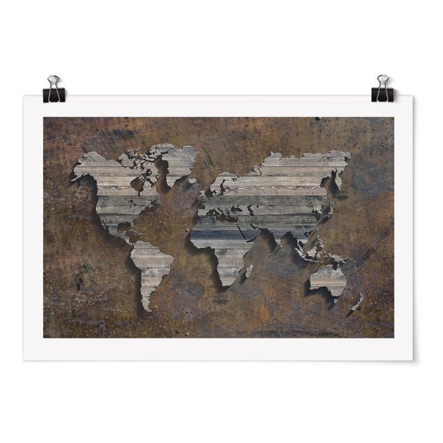 Poster - Wooden Grid World Map