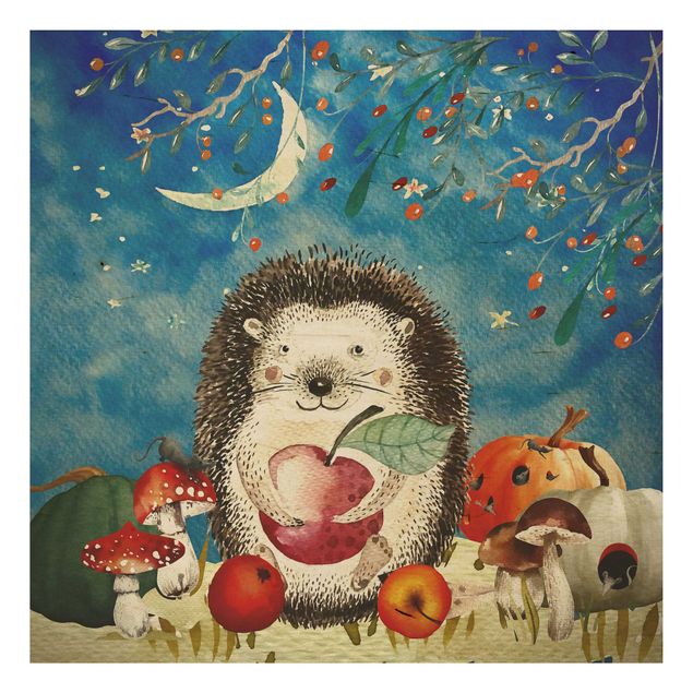Print on wood - Watercolour Hedgehog In Moonlight