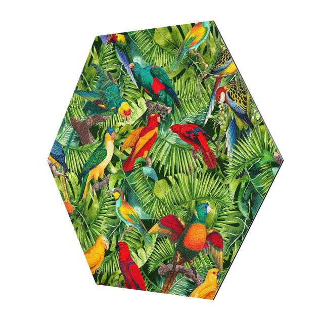 Alu-Dibond hexagon - Colourful Collage - Parrots In The Jungle
