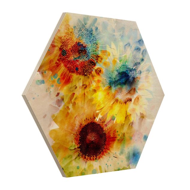 Wooden hexagon - Watercolour Flowers Sunflowers
