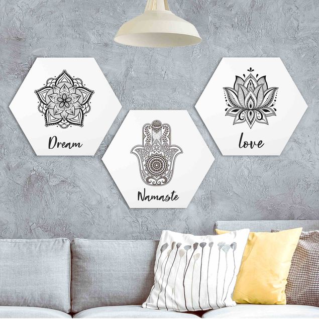 Alu-Dibond hexagon - Mandala Namaste Lotus Set Black White