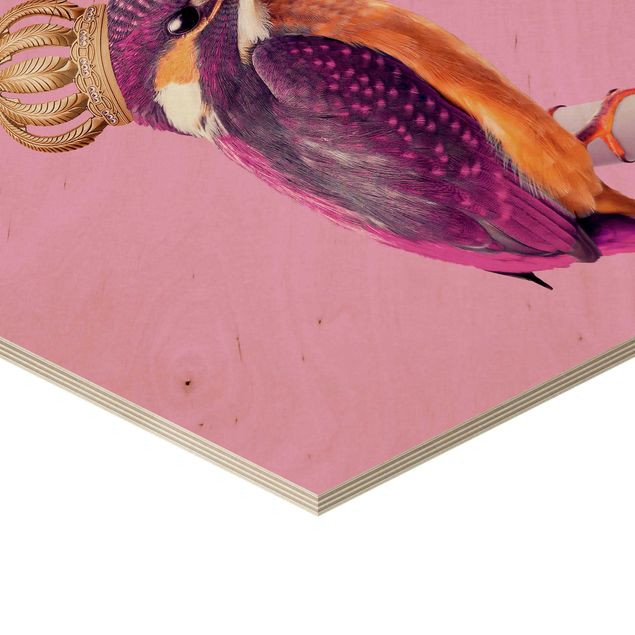Wooden hexagon - Pink Kingfisher With Crown