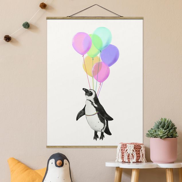 Fabric print with poster hangers - Illustration Penguin Pastel Balloons