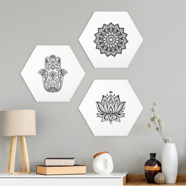 Alu-Dibond hexagon - Mandala Hamsa Hand Lotus Set On White
