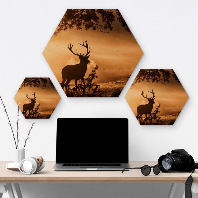 Wooden hexagon - Deer In The Winter Forest