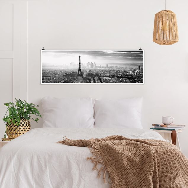 Panoramic poster architecture & skyline - The Eiffel Tower From Above Black And White