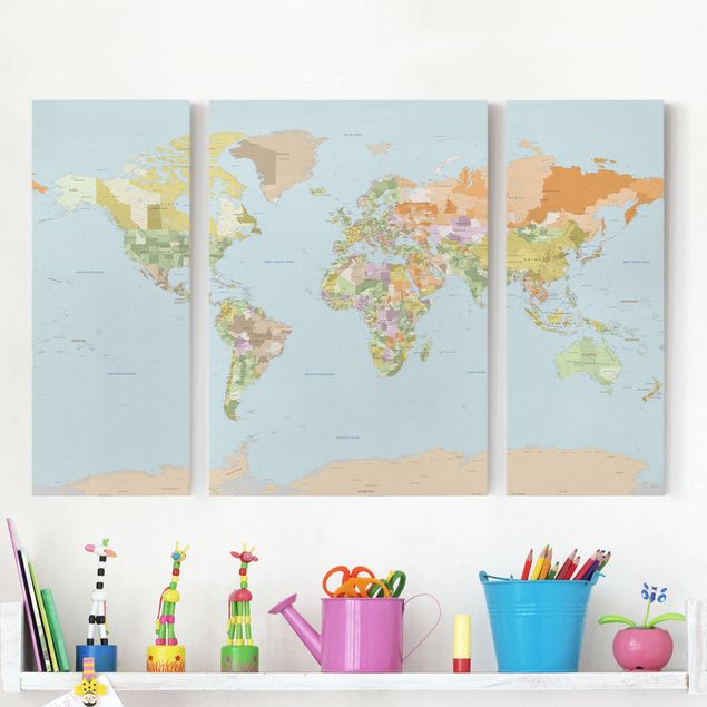 Print on canvas 3 parts - Political World Map