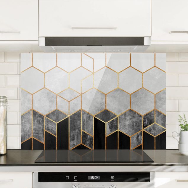 Glass splashback patterns Golden Hexagons Black And White