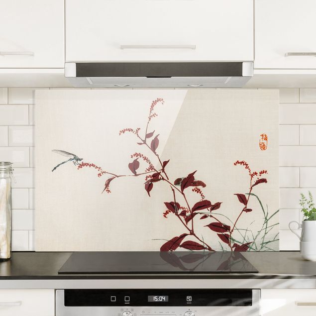 Glass splashback flower Asian Vintage Drawing Red Branch With Dragonfly