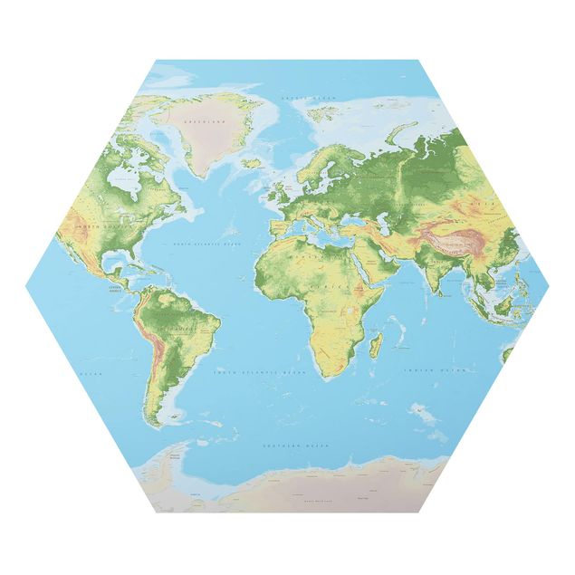 Alu-Dibond hexagon - Physical World Map