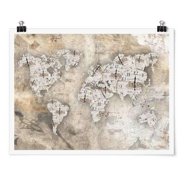 Poster - Shabby Clocks World Map